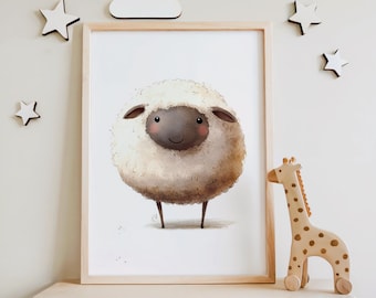 Lámina infantil de ovejas: ilustración de cordero en acuarela, decoración de granja