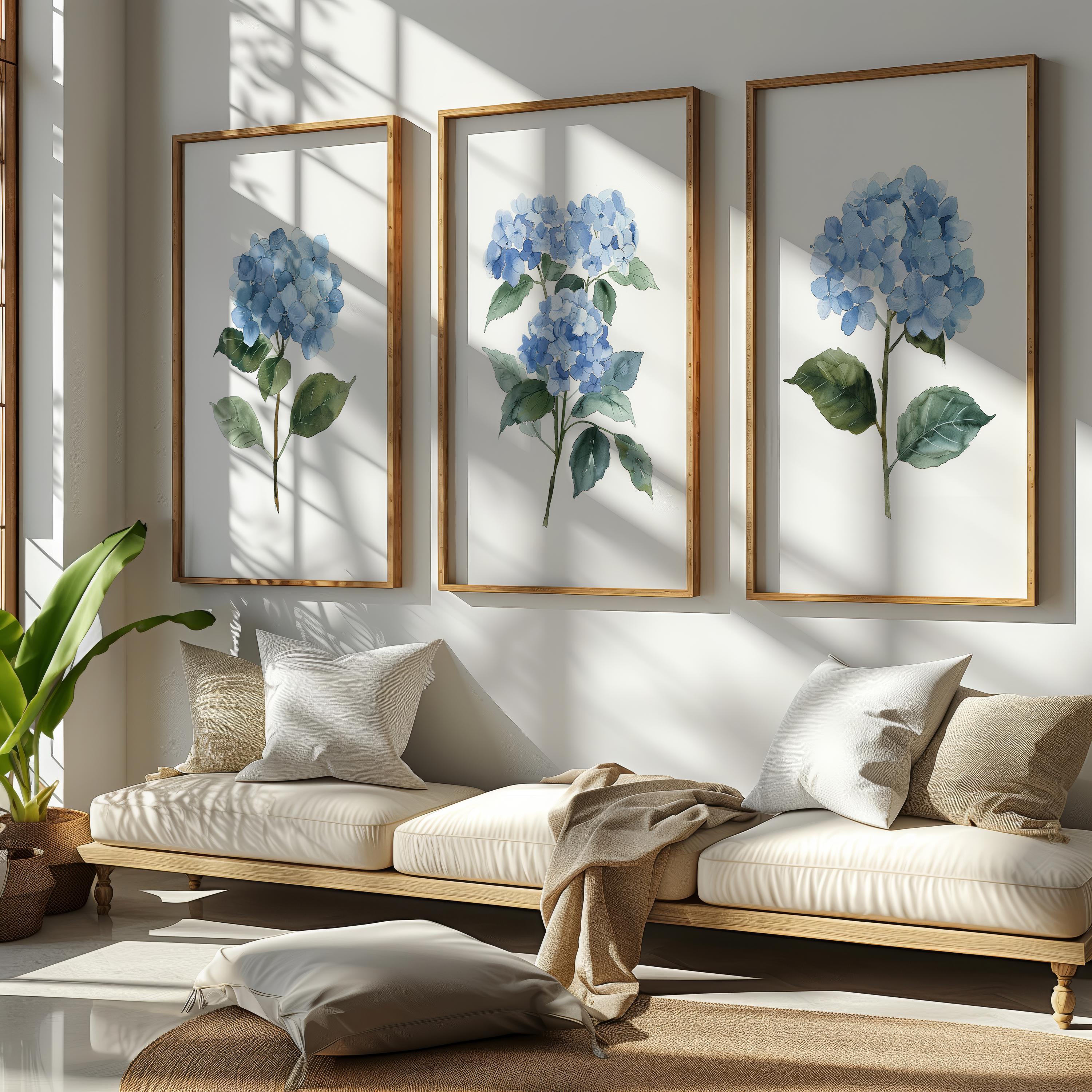 Blue Hydrangea Watercolor Print Set: Botanical Wall Art