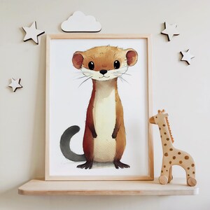 Wezel kinderkamer kunst aan de muur | Schattige babydierenprint | Bosdier kinderkamerdecoratie | Wezelillustratieposter | Neutraal kinderkamerkunstwerk