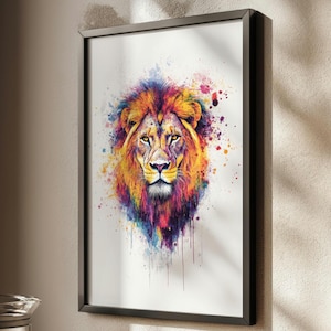 Arte murale acquerello leone / Stampa animale giungla / Decorazione safari audace / Poster testa di leone colorato / Arte della fauna selvatica / Dipinto di grandi felini