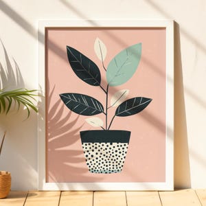 Arte murale con pianta astratta / Stampa botanica rosa cipria / Decorazione moderna minimalista con pianta / Stile scandinavo per la casa / Poster con vaso a pois