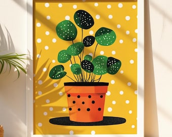 Retro Houseplant Print: Yellow Polka Dot Botanical Art