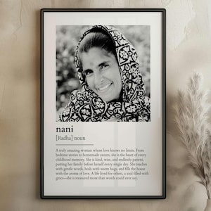 Stampa personalizzata Nani / Regalo fotografico personalizzato per la nonna / Arte murale della nonna indiana / Bianco e nero o a colori / Poster della definizione di Nani