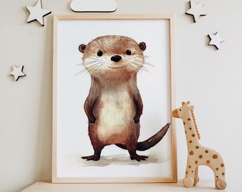 Cute Otter Watercolor Nursery Print | Woodland Animal Art