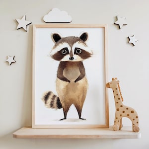 Watercolor Raccoon Nursery Print: Woodland Animal Art