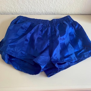 May include: Royal blue athletic shorts made of a shiny, lightweight material. The shorts have an elastic waistband and a loose fit, suitable for running or other sports activities.