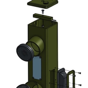 May include: A disassembled green military radio with multiple parts, including a speaker, antenna, and a base unit. The parts are laid out on a white background.