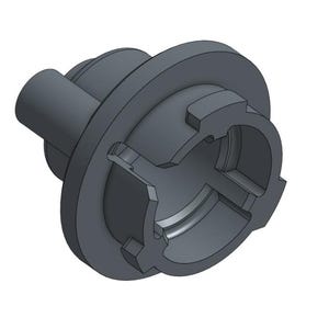 May include: A dark gray, 3D-rendered plastic component with a cylindrical projection and a circular base. The base features a complex, multi-faceted design with internal cutouts. The object appears to be a mechanical part or fitting.