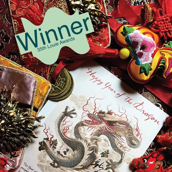 Year of the Dragon 5" x 7" Keepsake Panel Card with Envelope—Singles + Sets of 5 & 10 with Embroidered Dragon or Dragon Brooch or Necklace