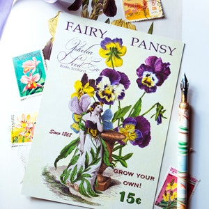 May include: Vintage postcard advertising Fairy Phelia Seed Co. pansy seeds. The postcard features a fairy with wings and a pansy flower, along with the text "Fairy Pansy", "Phelia Seed Co.", "Roslin, Scotland", "Since 1868", "Grow Your Own!" and "15c".