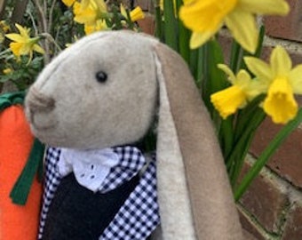 Könnte beinhalten: Ein plüschiger grauer Hasen-Spielzeug, der eine blaue und weiße karierte Latzhose und einen weißen Kragen trägt. Der Hase hält eine große orange Karotte in seiner rechten Pfote. Der Hase steht vor einem Busch mit gelben Narzissen.