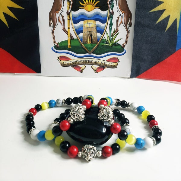 Antigua and Barbuda Protecting Gemstone Bracelet with Silver Lion Head. Perfect to wear at Carnival. Bead width 8mm. Various sizes available