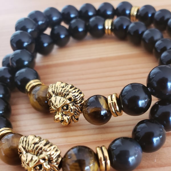Heilendes/schützendes Edelsteinarmband aus Obsidian und Tigerauge mit einem Löwenkopf-Abstandshalter. Perfektes Geschenk zum Muttertag. Perlenbreite 8 mm.