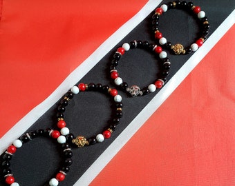 Trinidad & Tobago Gemstone Bracelet, Silver Lion Head, Caribbean Carnival Jewelry