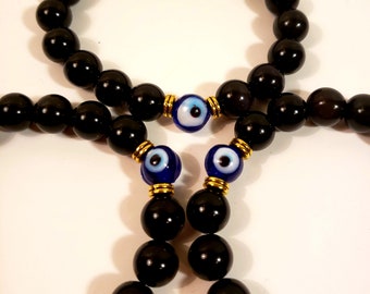 Pulsera de obsidiana negra con ojo malvado, pulsera de piedras preciosas protectoras