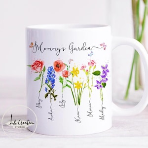 Birth Month Flower Mug, Moms Garden Mug With Kids Names, Family Name Watercolor Flowers Personalized Mug, Unique Birthday Gift for Mom