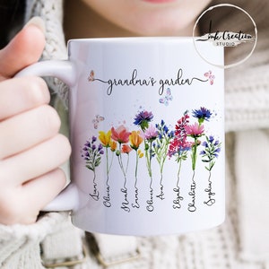 Grandmas Garden Gifts With Grandkids Names, Family Name Watercolor Flowers Personalized Mug, Unique Mother's Day Gift for Grandma, Nana's image 1