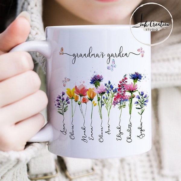 Grandmas Garden Gifts With Grandkids Names, Family Name Watercolor Flowers Personalized Mug, Unique Mother's Day Gift for Grandma, Nana's