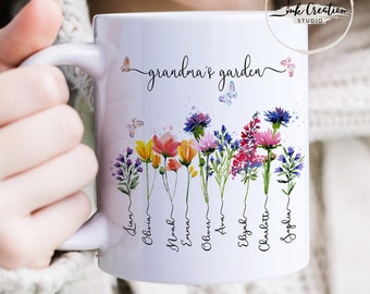 Grandmas Garden Gifts With Grandkids Names, Family Name Watercolor Flowers Personalized Mug, Unique Mother's Day Gift for Grandma, Nana's