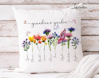 Grandma&#39;s Garden Gifts With Grandkids Names, Family Name Watercolor Flowers Personalized Pillow, Unique Mother&#39;s Day Gift for Grandma, Nana