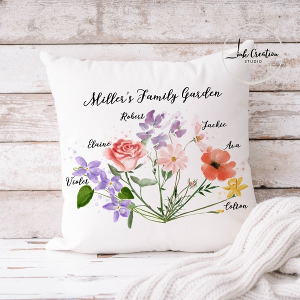 Custom Family Birth Flower Bouquet Pillow, Personalized Birth Month Flower Bunch Pillow With Family Names, Unique Birthday Gift for Mommy