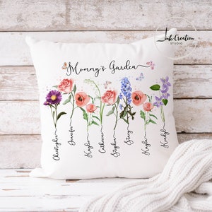 Birth Month Flower Family Names Personalized Pillow, Moms Garden With Kids Names, Unique Mothers Day Gift for Mom, Custom Gift for Mom