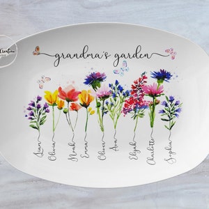 Custom Grandma's Garden Plate With Grandkids Names, Family Name Watercolor Flowers Personalized Platter, Unique Mothers Day Gift for Grandma image 1