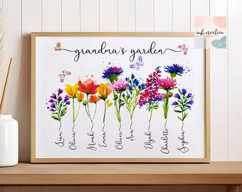 Grandma's Garden Canvas, Personalized Family Name Canvas, Grandma's Garden Gifts With Grandkids Names, Unique Mother's Day Gift for Grandma