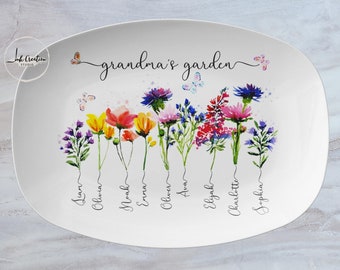 Custom Grandma's Garden Plate With Grandkids Names, Family Name Watercolor Flowers Personalized Platter, Unique Mothers Day Gift for Grandma