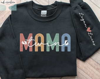 Twin Mama Sweatshirt with kids names on sleeve, First Time Twin Mom Sweater, Twin Pregnancy Gift, New Twin Mom Gift, Twin Baby Shower Gift