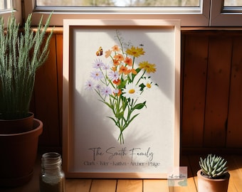 Descarga de impresión digital de ramo familiar de flores de nacimiento, impresión artística de flores personalizadas para el mes de nacimiento, ideas de regalos personalizados para el Día de la Madre para mamá y abuela