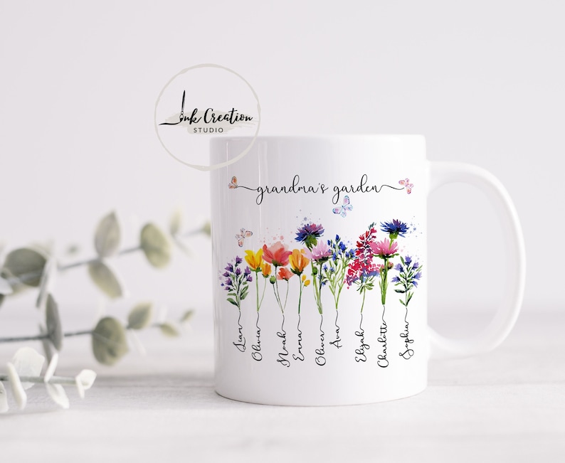 Grandmas Garden Gifts With Grandkids Names, Family Name Watercolor Flowers Personalized Mug, Unique Mother's Day Gift for Grandma, Nana's image 2