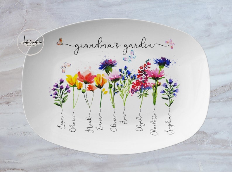 Custom Grandma's Garden Plate With Grandkids Names, Family Name Watercolor Flowers Personalized Platter, Unique Mothers Day Gift for Grandma image 1