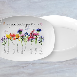 Custom Grandma's Garden Plate With Grandkids Names, Family Name Watercolor Flowers Personalized Platter, Unique Mothers Day Gift for Grandma image 2