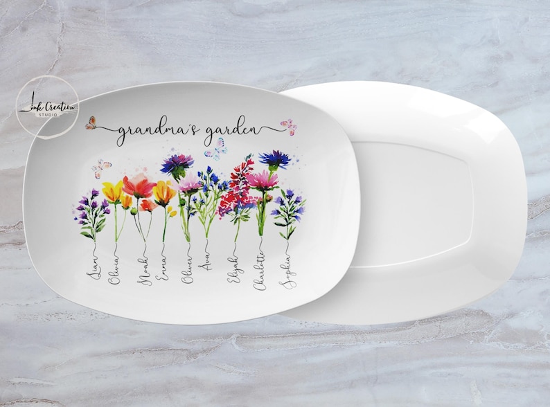 Custom Grandma's Garden Plate With Grandkids Names, Family Name Watercolor Flowers Personalized Platter, Unique Mothers Day Gift for Grandma image 2