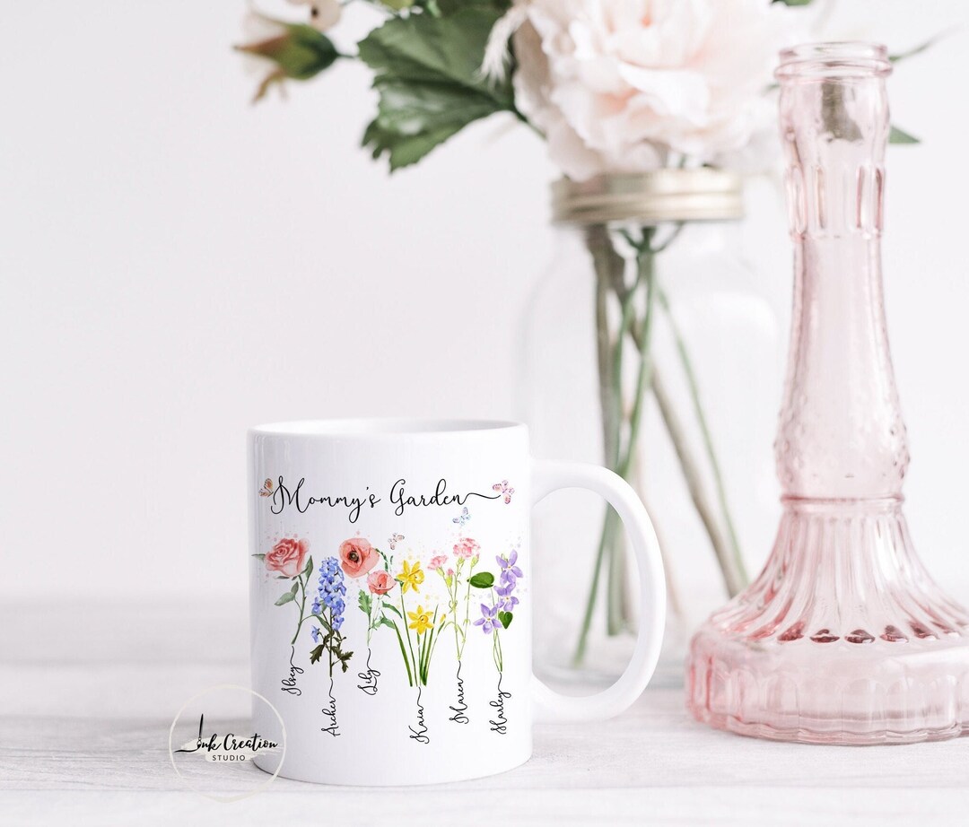 Birth Month Flower Mug, Moms Garden Mug With Kids Names, Family Name