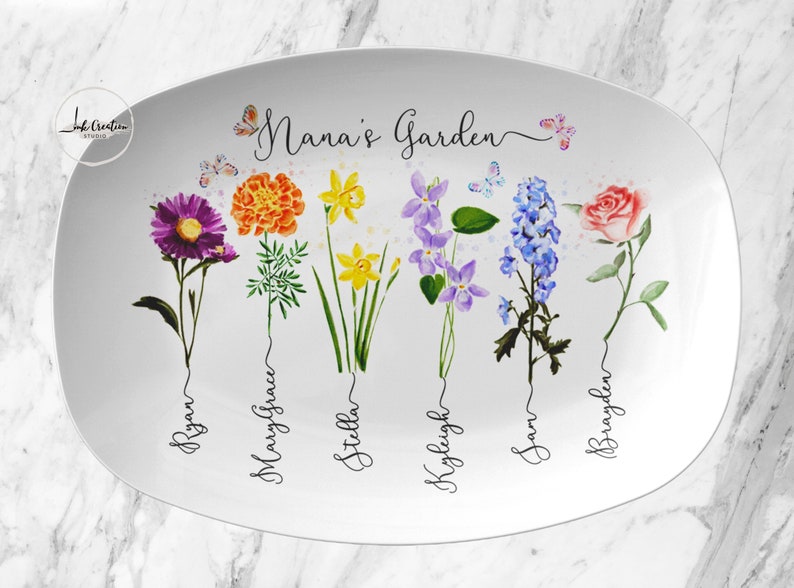 Custom Grandma's Garden Plate With Grandkids Names, Family Name Watercolor Flowers Personalized Platter, Unique Mothers Day Gift for Grandma image 5