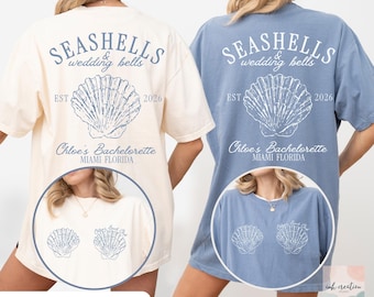 Camisetas personalizadas para despedida de soltera en la playa, camisetas para despedida de soltera con temática costera, conchas marinas y campanas de boda, camisetas para despedida de soltera con temática costera, camiseta personalizada para despedida de soltera.