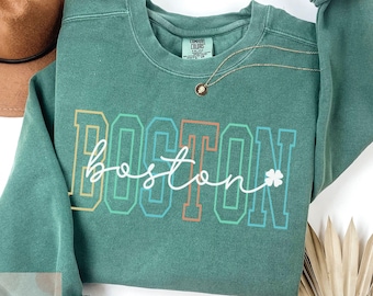 Boston Shamrock Comfort Colors Sweatshirt, Irish Crewneck, Saint Patricks Day Sweater, Aesthetic Boston MA Sweatshirt, Cute Boston Sweater