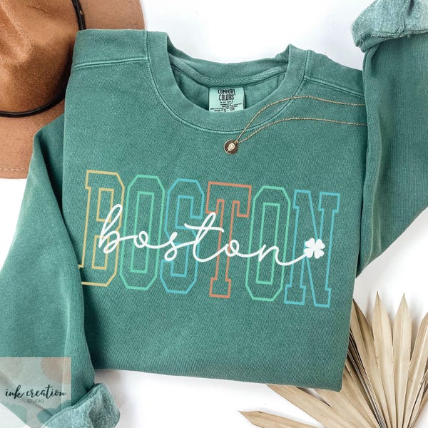 Boston Shamrock Comfort Colors Sweatshirt, Irish Crewneck, Saint Patricks Day Sweater, Aesthetic Boston MA Sweatshirt, Cute Boston Sweater