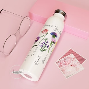 Grandma's Garden Slim Water Bottle With Grandkids Names, Family Name Birth Flowers Personalized Tumbler, Unique Christmas Gift for Grandma