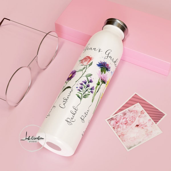 Grandma's Garden Slim Water Bottle With Grandkids Names, Family Name Birth Flowers Personalized Tumbler, Unique Christmas Gift for Grandma