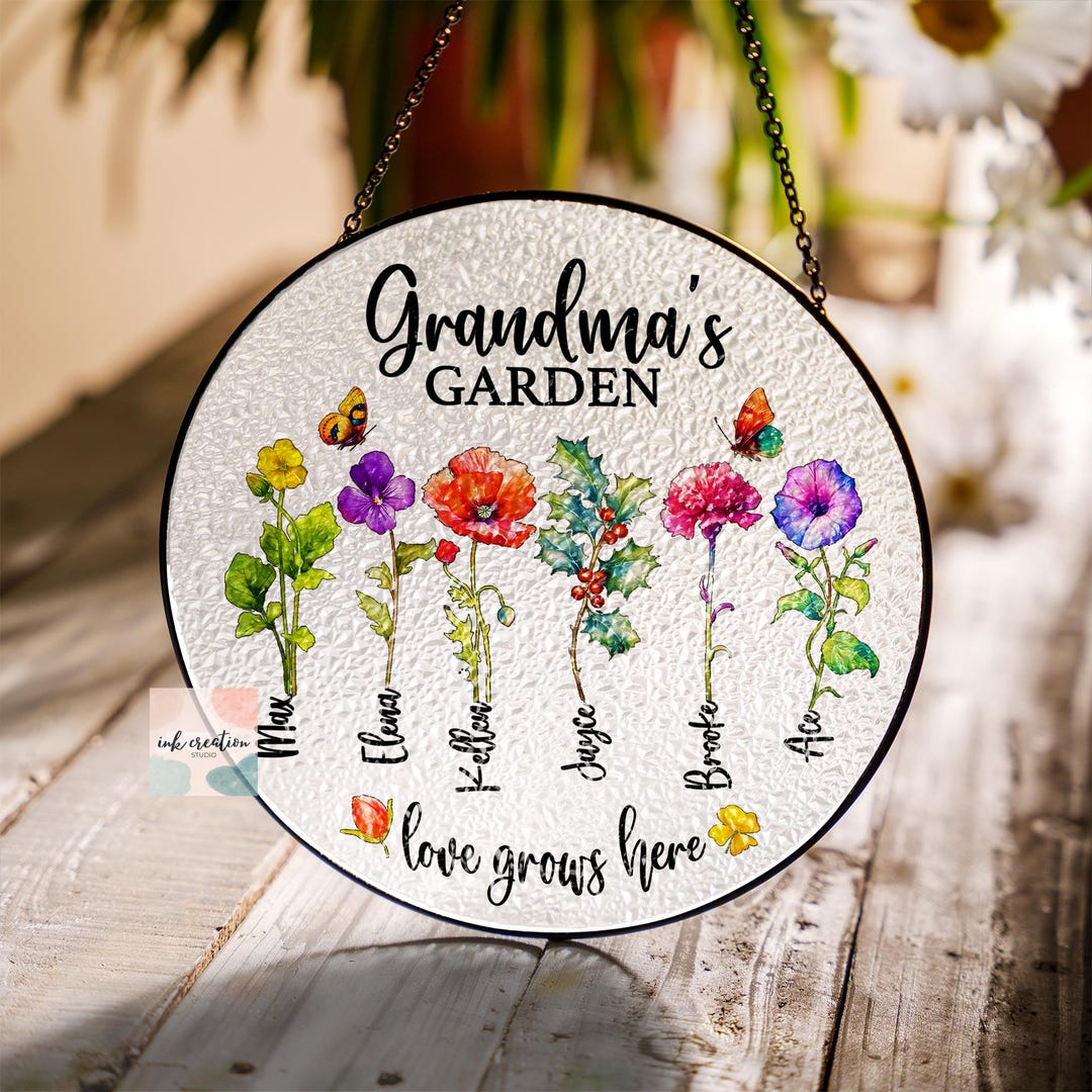Personalized Grandma’s Garden Suncatcher, Birth Month Flower Stained ...