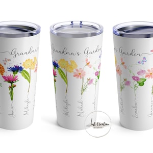 Grandma's Garden Tumbler With Grandkids Names, Family Name Birth Flowers Personalized Tumbler, Unique Christmas Gift for Grandma, Nana gift