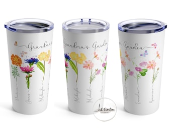 Grandma&#39;s Garden Tumbler With Grandkids Names, Family Name Birth Flowers Personalized Tumbler, Unique Christmas Gift for Grandma, Nana gift