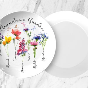 Custom Grandma's Garden Plate With Grandkids Names, Family Name Watercolor Flowers Personalized Platter, Unique Mothers Day Gift for Grandma image 4