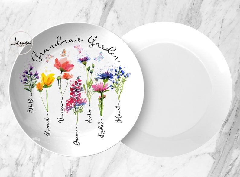 Custom Grandma's Garden Plate With Grandkids Names, Family Name Watercolor Flowers Personalized Platter, Unique Mothers Day Gift for Grandma image 4