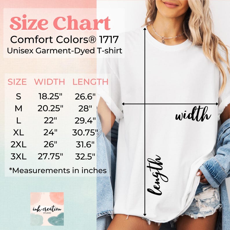 以下が含まれることがあります： 白のComfort Colors 1717ユニセックスガーメントダイTシャツのサイズチャート。サイズはSから3XLまで、幅と長さのインチ単位の測定値があります。「ink creation studio」のテキストが含まれています。