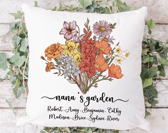 Nanas Garden Pillow Gifts, Personalized Grandma Pillow, Grandma Gifts from Grandkids, Unique Mother's Day Gifts, Birthflower Gifts for Mom