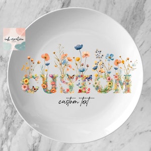 Custom Text Platter Plate, Personalized Name Plate with Flowers, Wild Flower Art, Botanical Floral Art Platter, Custom Name Plate with quote
